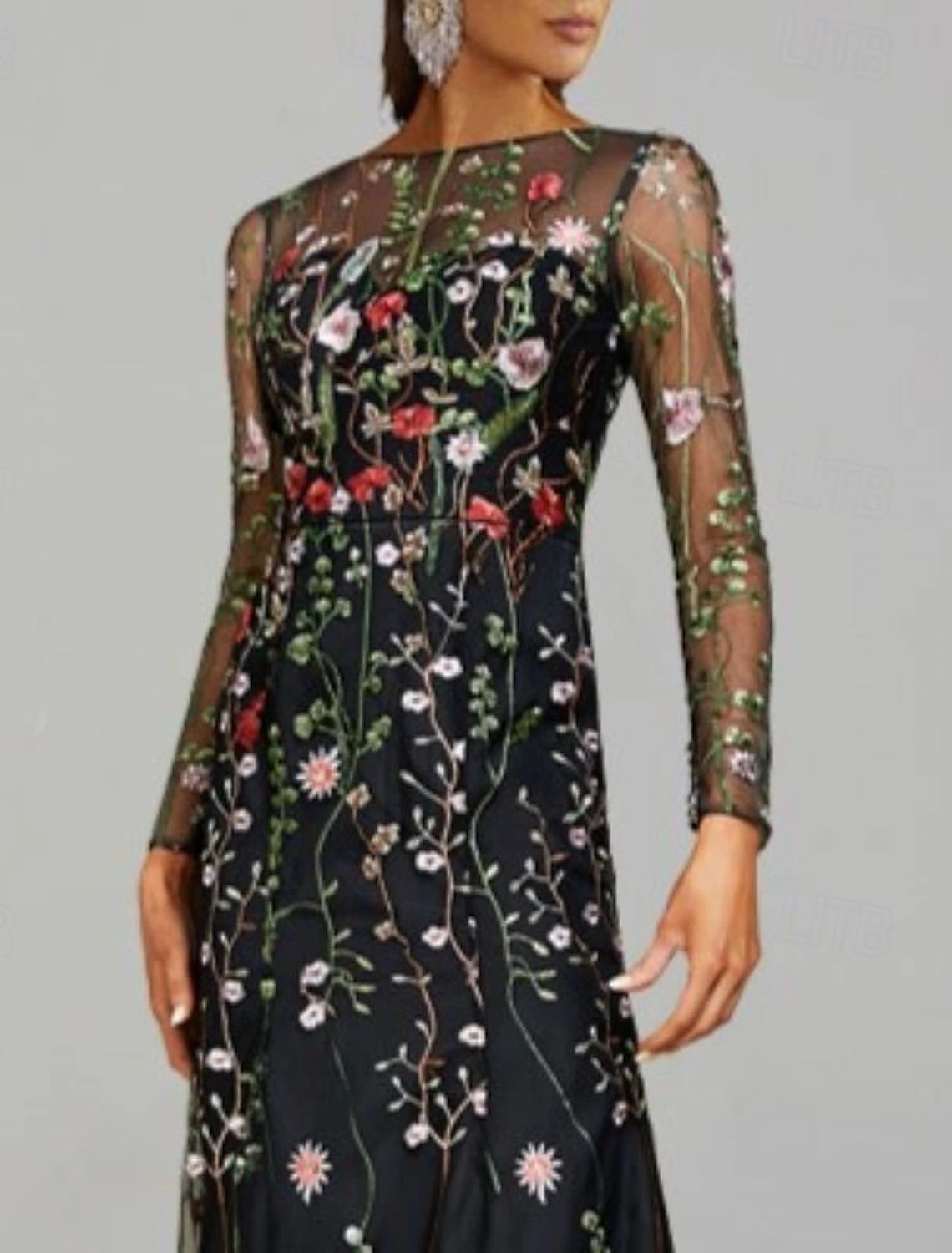 Sheath Wedding Guest Dresses Floral Dress Semi Formal Garden Party Floor Length Long Sleeve Jewel Neck Fall Wedding Guest Tulle