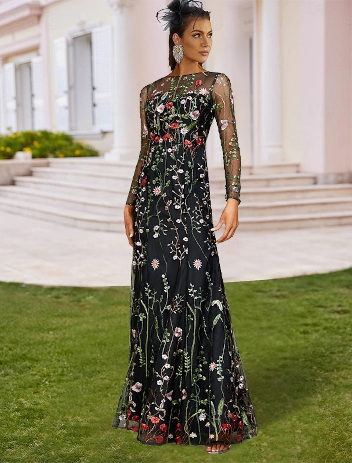 Sheath Wedding Guest Dresses Floral Dress Semi Formal Garden Party Floor Length Long Sleeve Jewel Neck Fall Wedding Guest Tulle