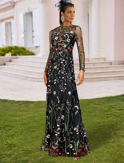 Sheath Wedding Guest Dresses Floral Dress Semi Formal Garden Party Floor Length Long Sleeve Jewel Neck Fall Wedding Guest Tulle