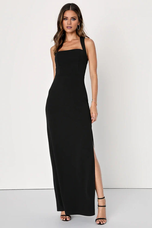 neckline off shoulder sleeveless backless side slit and floor length Prom dress