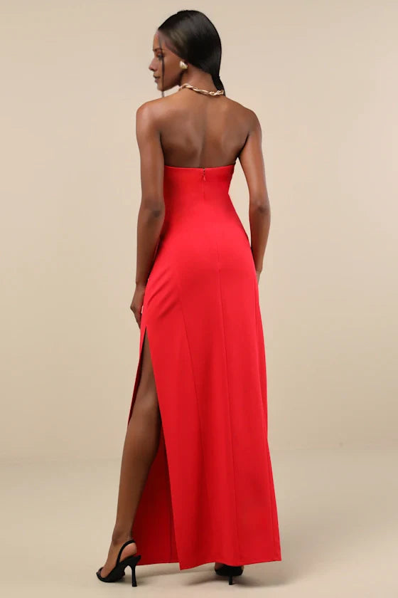 sleeveless strapless backless side slit and floor length Prom dress