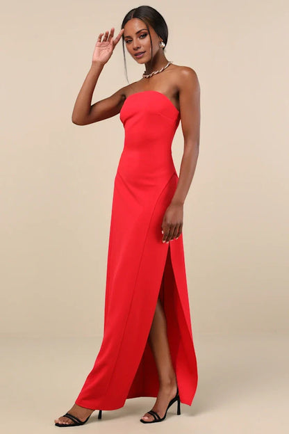 sleeveless strapless backless side slit and floor length Prom dress