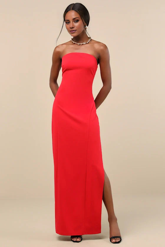 sleeveless strapless backless side slit and floor length Prom dress