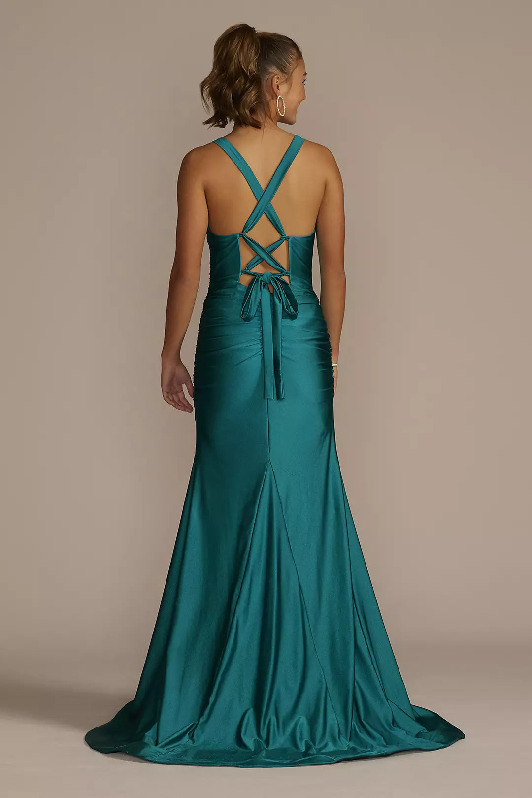 A-line V-neck off shoulder sleeveless backless and floor Prom dress