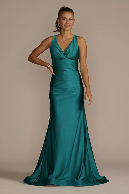A-line V-neck off shoulder sleeveless backless and floor Prom dress