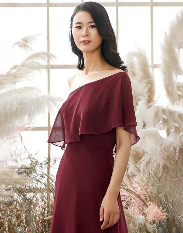 Bridesmaid Dress One Shoulder Burgundy Chiffon