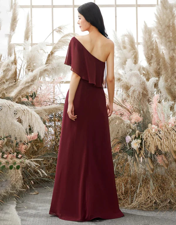 Bridesmaid Dress One Shoulder Burgundy Chiffon