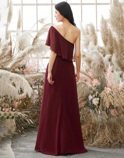 Bridesmaid Dress One Shoulder Burgundy Chiffon