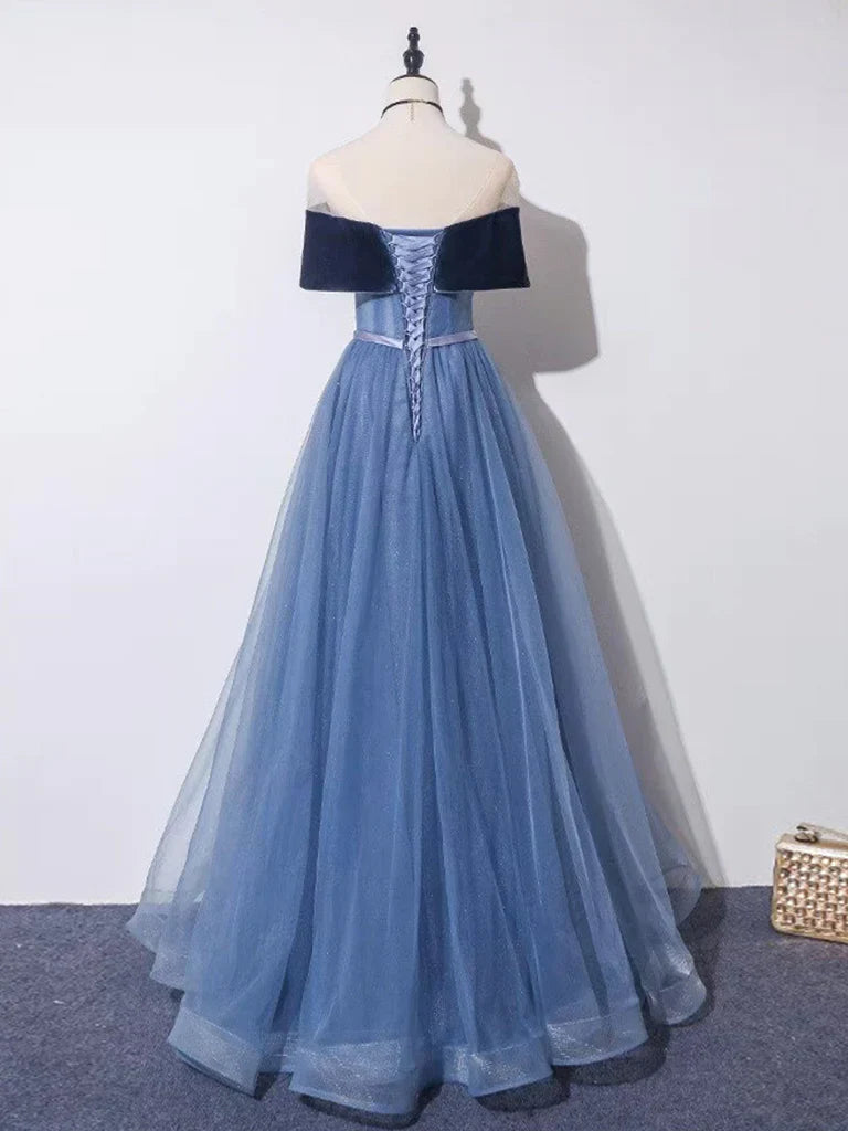 Off Shoulder Tulle Gray Blue Long Prom Dress Blue Formal Dress Evening Gown Party Dress