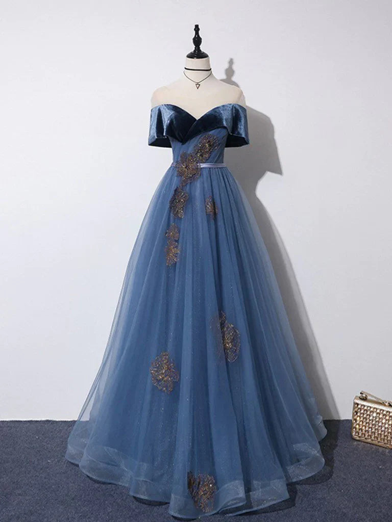 Off Shoulder Tulle Gray Blue Long Prom Dress Blue Formal Dress Evening Gown Party Dress