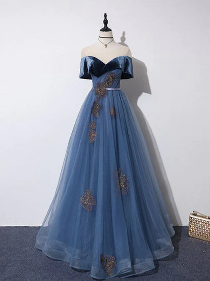 Off Shoulder Tulle Gray Blue Long Prom Dress Blue Formal Dress Evening Gown Party Dress
