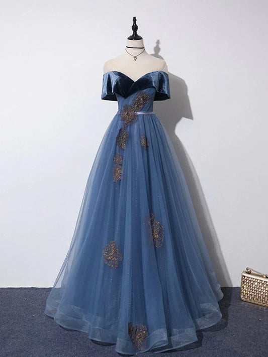 Off Shoulder Tulle Gray Blue Long Prom Dress Blue Formal Dress Evening Gown Party Dress