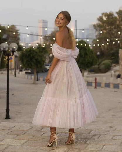 Light Pink A Line Off-the-shoulder Tulle Tea-Length Homecoming Dress Party Dress