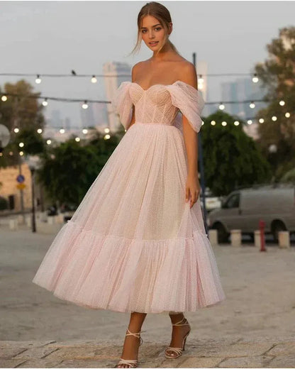 Light Pink A Line Off-the-shoulder Tulle Tea-Length Homecoming Dress Party Dress