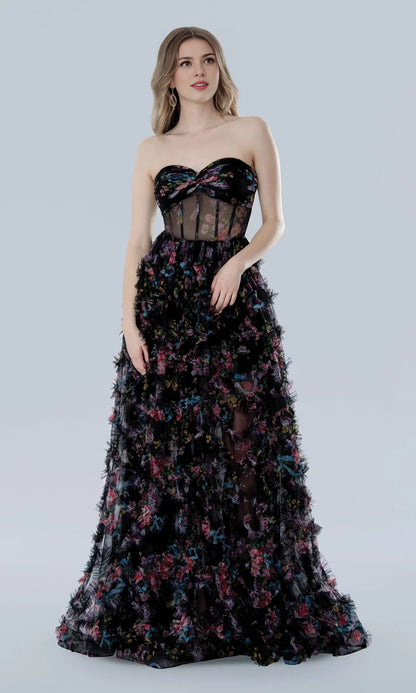 Strapless Prom Ball Gown A-line Black Elegant Sweep/Brush Train Sleeveless Evening Dress