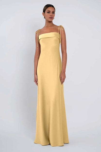 square neckline off shoulder sleeveless thin shoulder strap, backless and floor length Prom dress