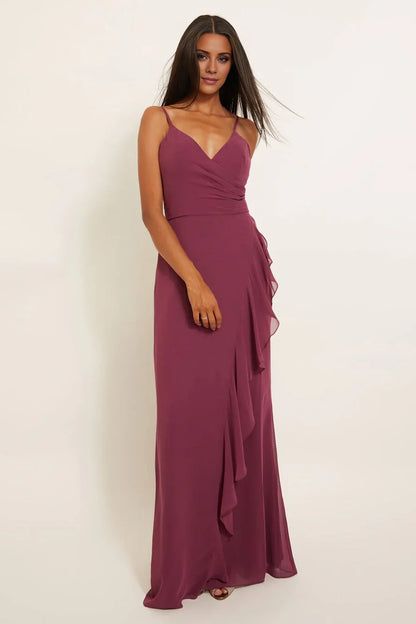 V collar off shoulder sleeveless thin shoulder strap backless and floor length Prom dress