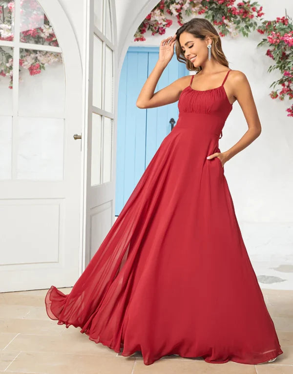 Bridesmaid Dress Simple A Line Spaghetti Straps Burgundy Long
