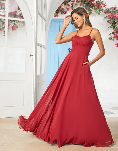 Bridesmaid Dress Simple A Line Spaghetti Straps Burgundy Long