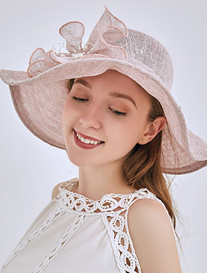 Headwear Tulle Imitation Pearl Bucket Hat Straw Hat Sun Hat Wedding Outdoor Melbourne Cup With Bowknot Imitation Pearl Headpiece Headwear