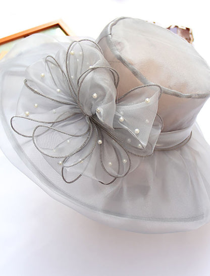 Organza Bucket Hat Straw Hat Sun Hat Casual Holiday Kentucky Derby Melbourne Cup Vintage Style With Faux Pearl Appliques Headpiece Headwear