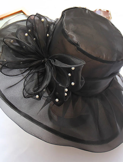 Organza Bucket Hat Straw Hat Sun Hat Casual Holiday Kentucky Derby Melbourne Cup Vintage Style With Faux Pearl Appliques Headpiece Headwear
