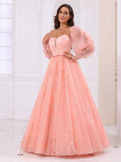 A-Line/Princess Sweetheart Long Prom Dresses With Detachable Sleeves