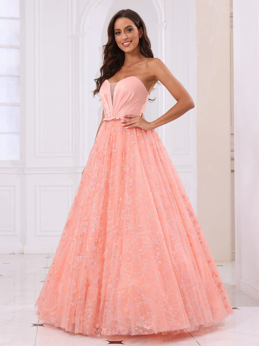 A-Line/Princess Sweetheart Long Prom Dresses With Detachable Sleeves