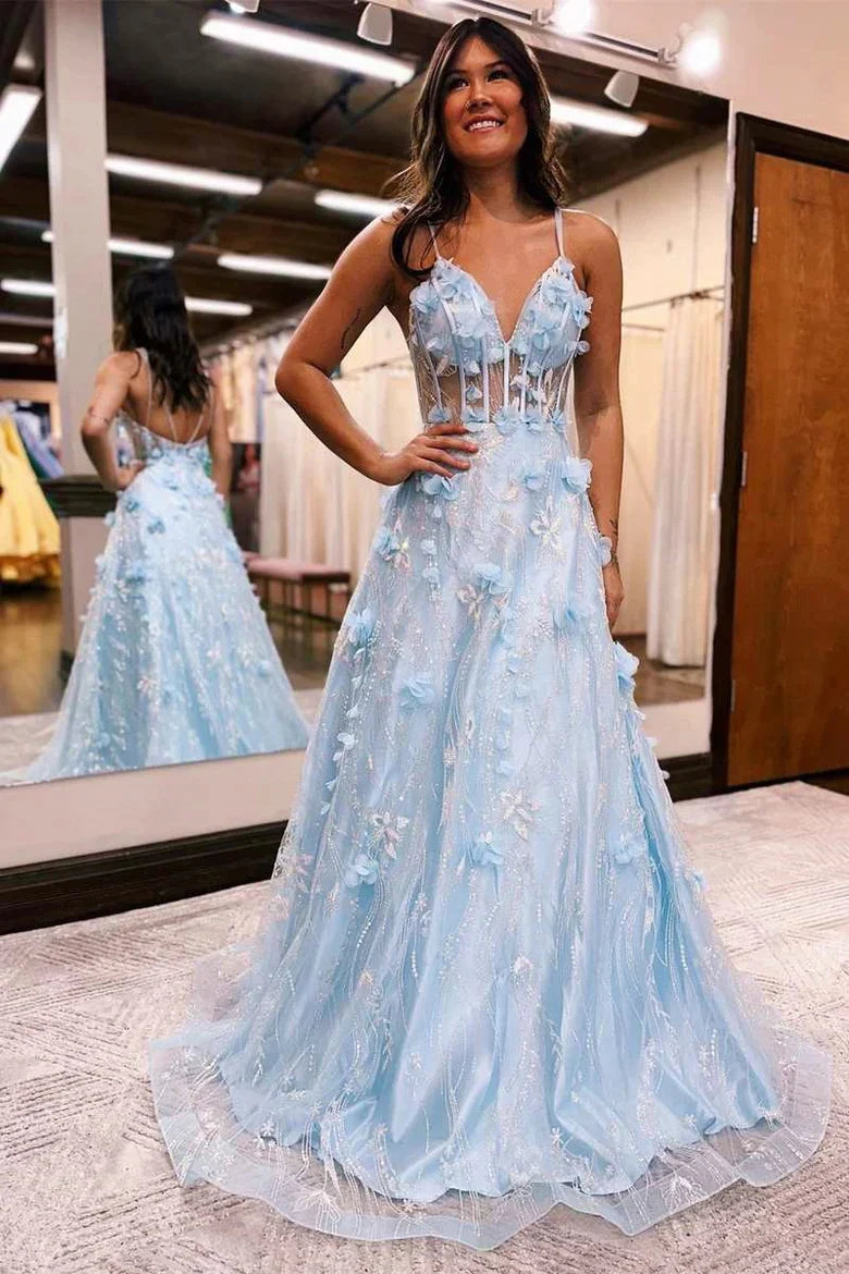Princess Light Blue 3D Floral Lace V-Neck A-Line Long Prom Dres