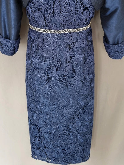 Dark-Navy Two Piece Sheath Lace Illusion Neckline Mother of the Bride Dresse