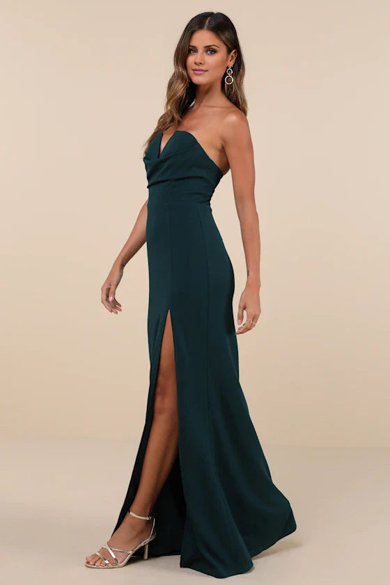 V collar off shoulder sleeveless strapless backless slit and floor  Prom dress