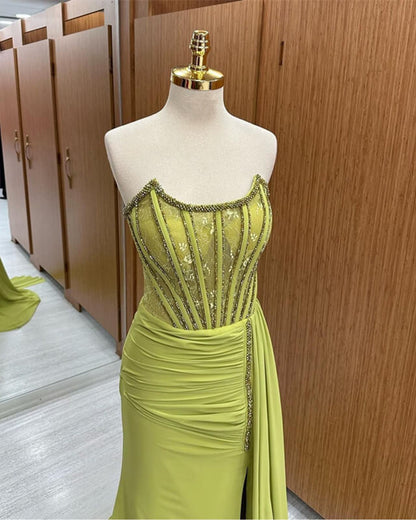 Strapless Corset Floor-length Ruched Prom Dresses Slit With Ribbons