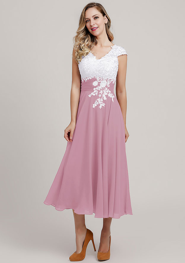 Chiffon Mother of the Bride Dress A-line/Princess V Neck Short Sleeve Tea-Length With Lace