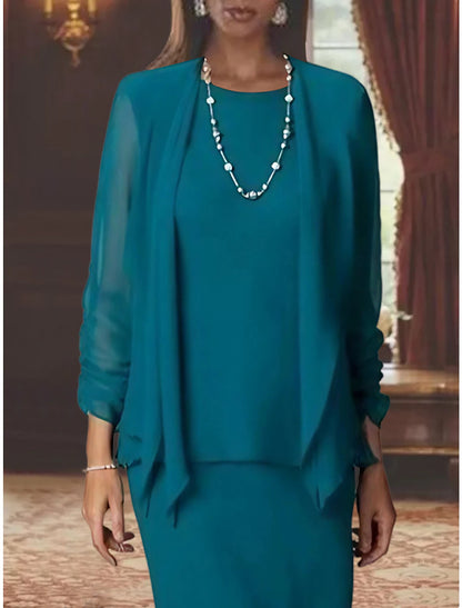 Two Piece Mother of the Bride Dress Formal Wedding Guest Scoop Neck Floor Length Chiffon Long Sleeve with Solid Color