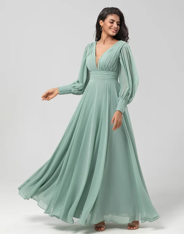 Chiffon Green with Pleated Bridesmaid Dress