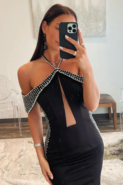 Black Halter Satin Mermaid Long Prom Dresses with Beading