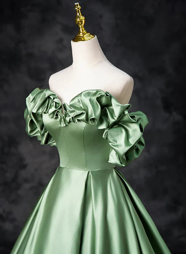 Green Satin Off Shoulder Long Party Dress A-line Green Prom Dress Quinceanera Dress