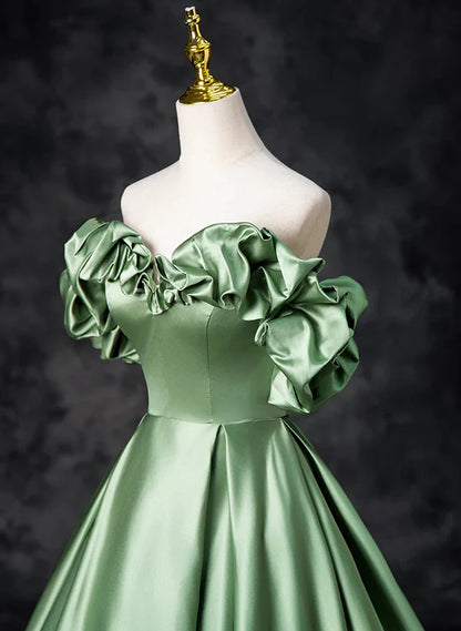Green Satin Off Shoulder Long Party Dress A-line Green Prom Dress Quinceanera Dress