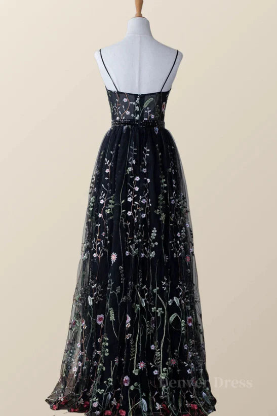 Black Floral Tulle A-line V-neckline Long Prom Dress Evening Dress Party Dress