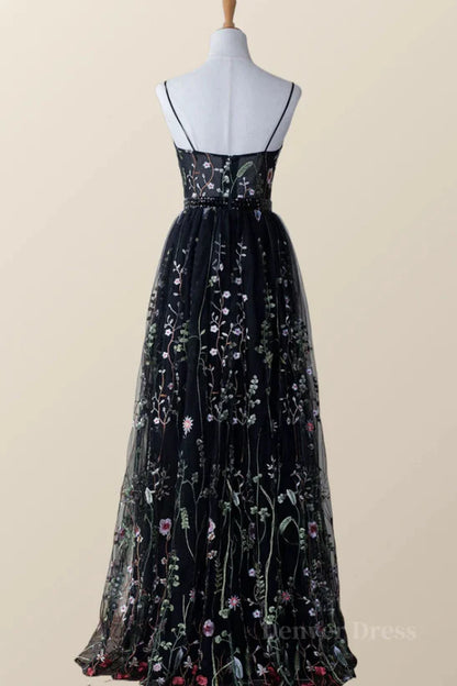 Black Floral Tulle A-line V-neckline Long Prom Dress Evening Dress Party Dress