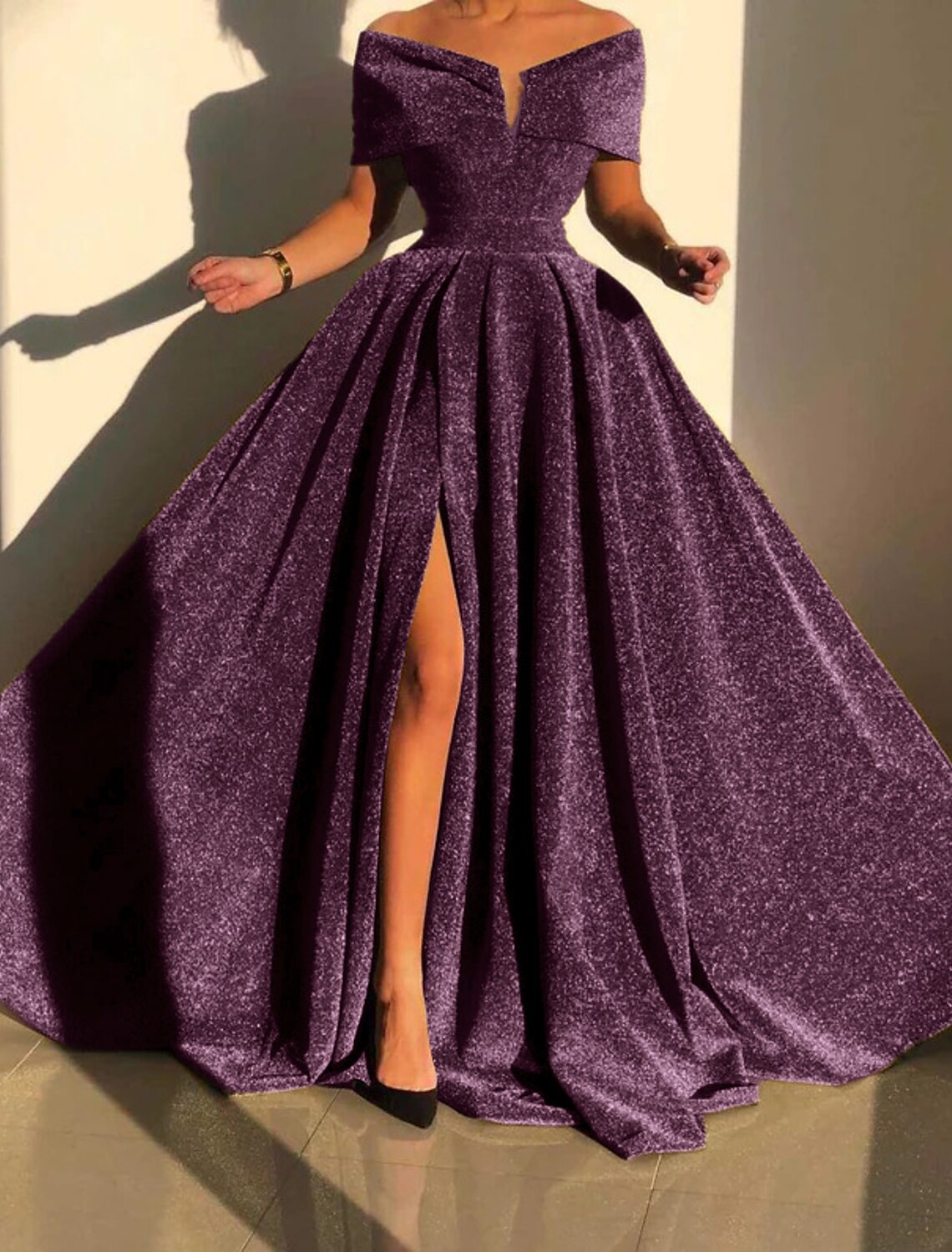 A-Line Evening Gown Sparkle &amp; Shine Fall Court Train Sleeveless Off Shoulder with Slit