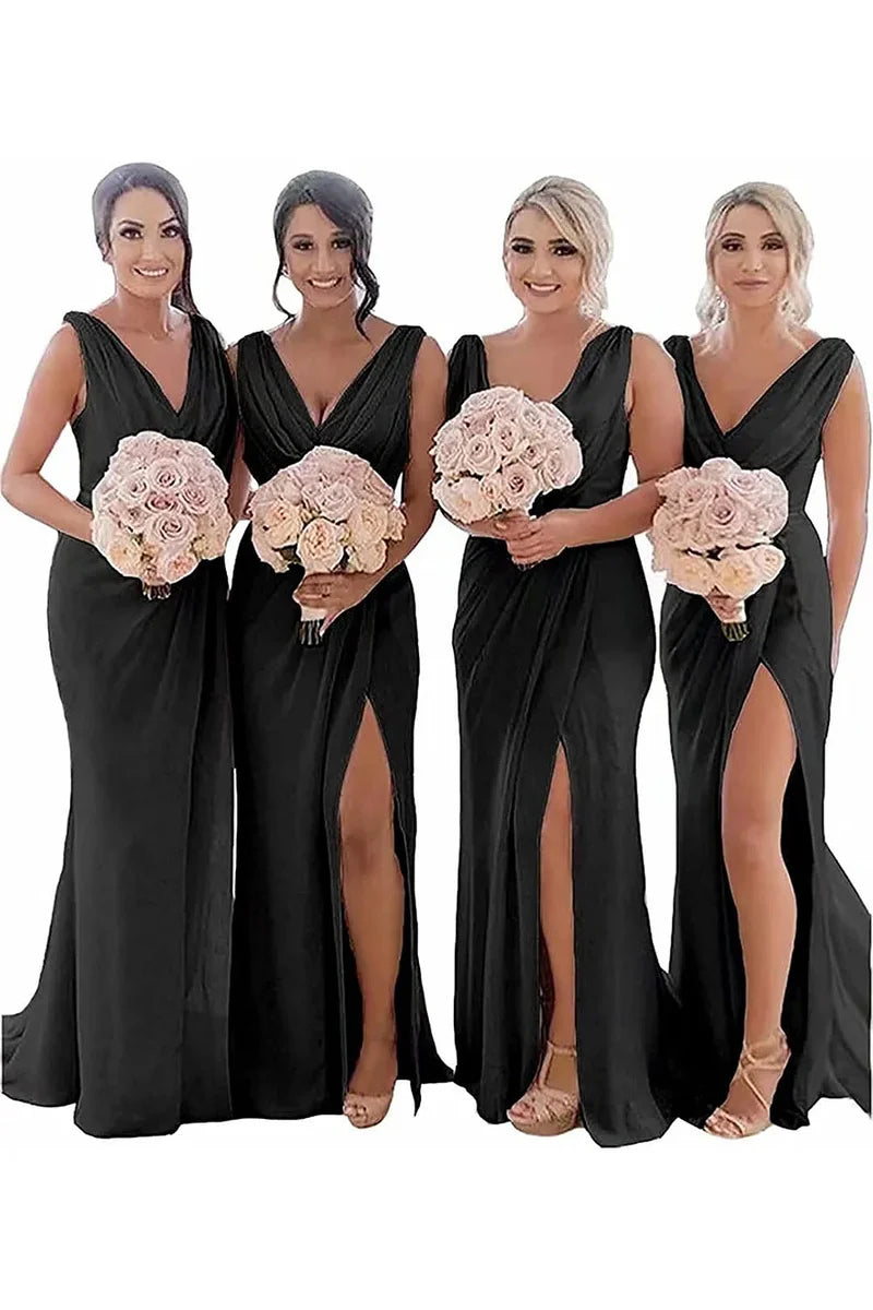 Ivory Sheath Chiffon Ruched Long Bridesmaid Dress with Slit