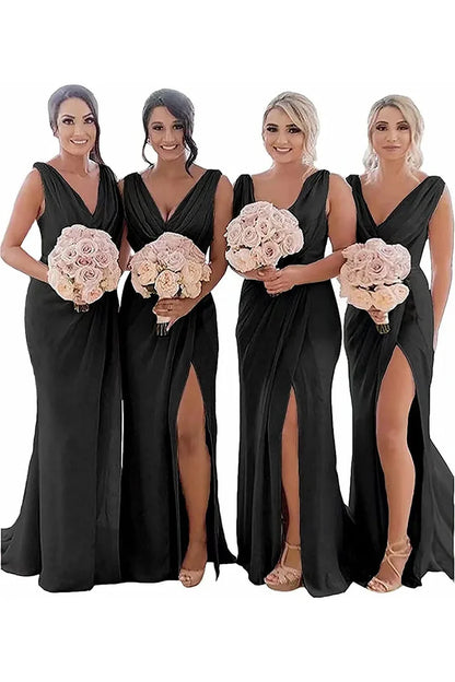 Ivory Sheath Chiffon Ruched Long Bridesmaid Dress with Slit