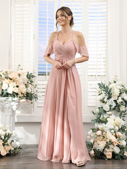 A-Line V-Neck Spaghetti Straps Split Side Floor-Length Chiffon Bridesmaid Dresses