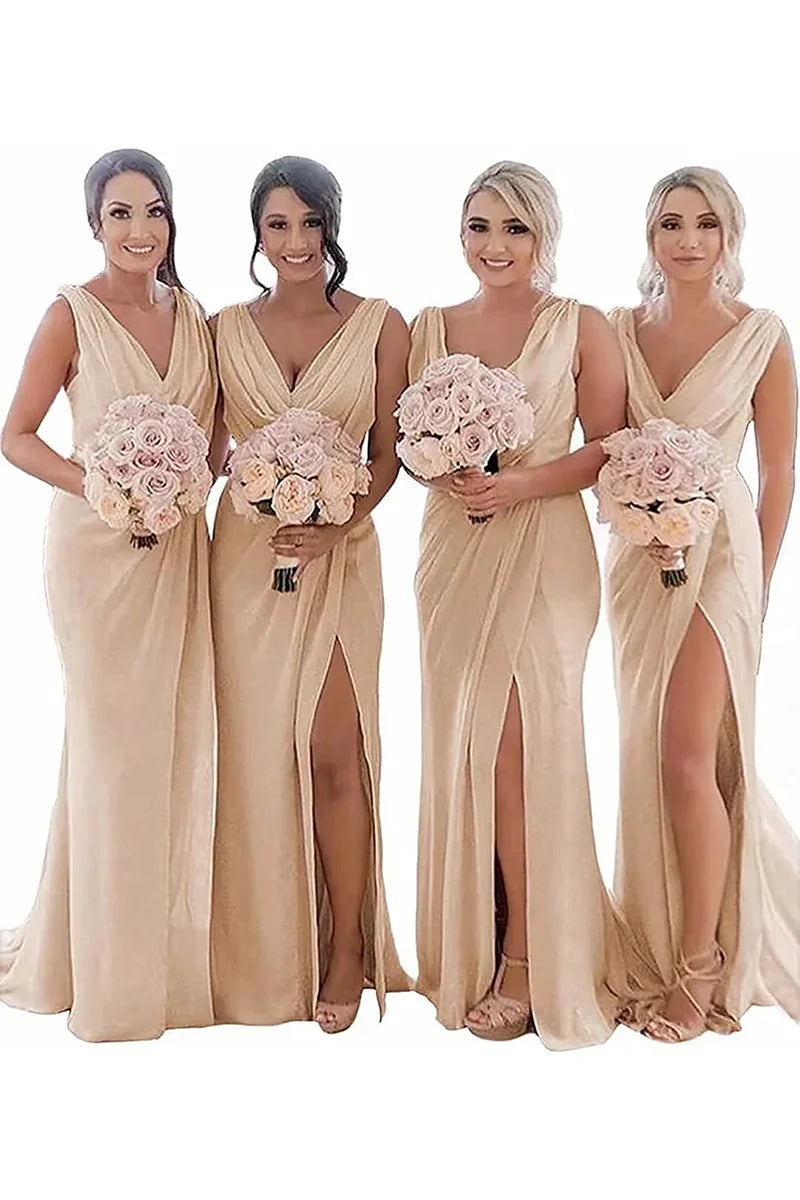 Ivory Sheath Chiffon Ruched Long Bridesmaid Dress with Slit