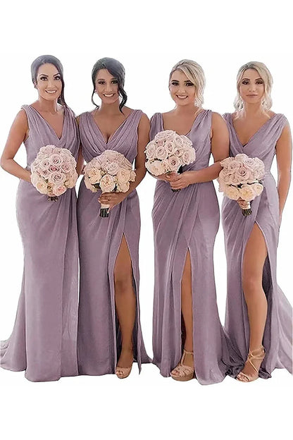 Ivory Sheath Chiffon Ruched Long Bridesmaid Dress with Slit