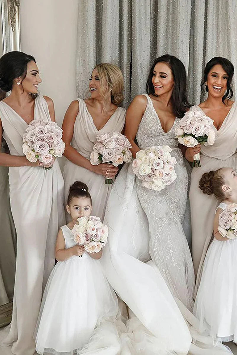 Ivory Sheath Chiffon Ruched Long Bridesmaid Dress with Slit