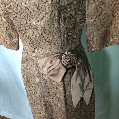 1950s Rose Beige Lace Short Sleeves Square Neckline Mother Of The Bride Dress
