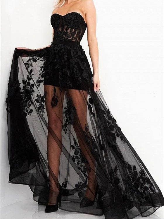A Line Strapless Tulle Floor-Length Evening Dress with Flowers