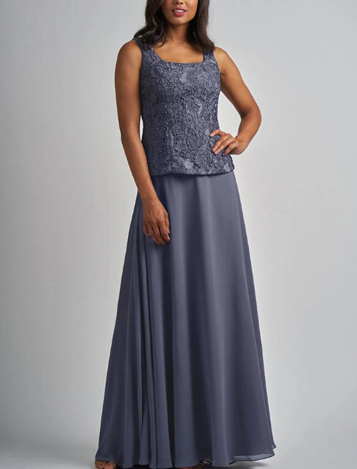 Two Piece A-Line Mother of the Bride Dress Elegant Square Neck Floor Length Chiffon Lace with Appliques